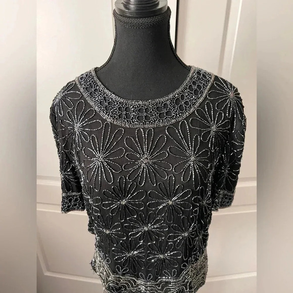 Papell Boutique |  Black Floral Beaded Top | Size XL [164] - Picture 9 of 9